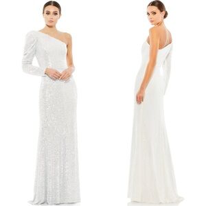 NWT Mac Duggal White Asymmetrical One Side‎ Full Sleeve Sparkly Sequin